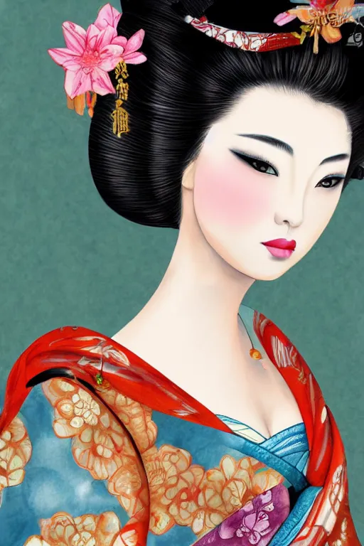 Image similar to beauty geisha, digital art, 8k, character, realistic, portrait, photorealism, watercolour