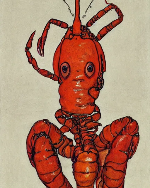 Image similar to portrait of an anthropomorphic lobster by egon schiele in the style of greg rutkowski