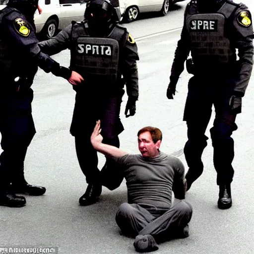 Prompt: an extraterrestrial grey xfiles alien reticulan being arrested by spetsnaz