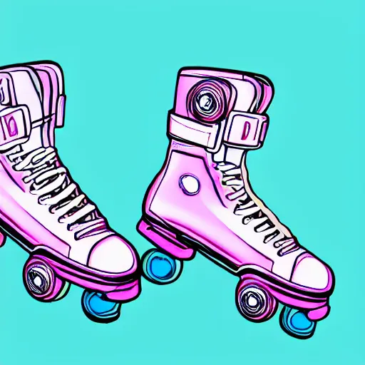 Image similar to a drawing of a pair of white retro! roller skates with dragon embroidery and cyan wheels on a pedestal!! in an empty white room, trending on artstation, carpenter brut, synthwave, pink lightning, neon!! light