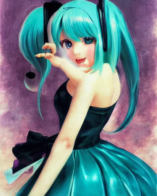 Prompt: A very very beautiful painting of Hatsune Miku by Gil Elvgren