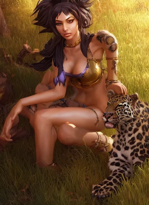 Prompt: nidalee, from league of legends, next to a leopard, au naturel, hyper detailed, digital art, trending in artstation, cinematic lighting, studio quality, smooth render, unreal engine 5 rendered, octane rendered, art style by klimt and nixeu and ian sprigger and wlop and krenz cushart