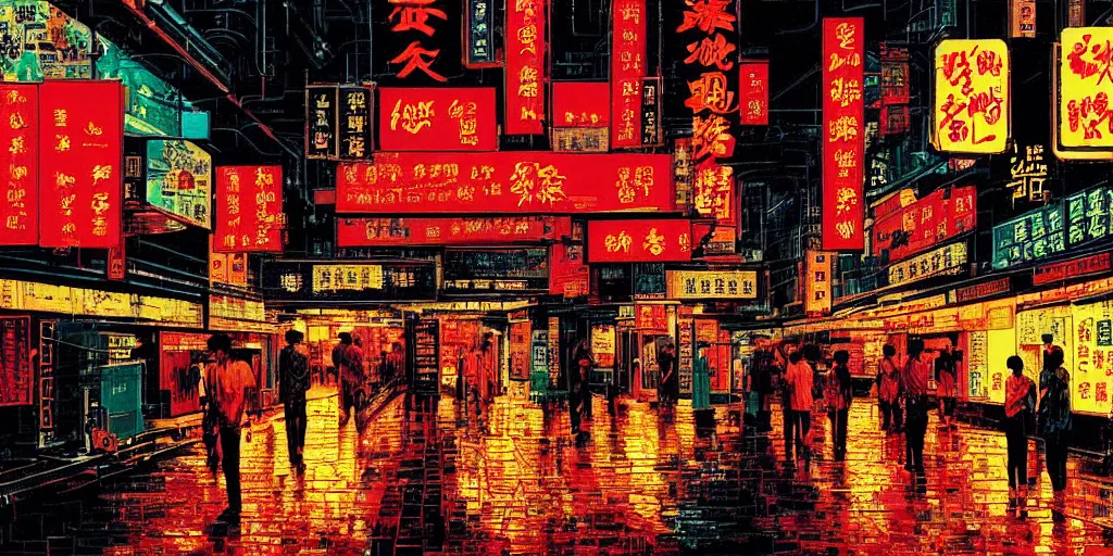 Prompt: artwork of wong kar - wai's hong kong street, by dan mumford and toshi yoshida and peter doig, vintage scifi, highly detailed, dramatic lighting, 8 k