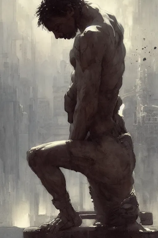 Image similar to man kneeling at the foot of a wooden cross, dramatic lighting art by Yoji Shinkawa by Richard Schmid by greg rutkowski by Sandra Chevrier by Jeremy Lipking cinematic dramatic, by frank miller, illustration by Ruan Jia and Mandy Jurgens and William-Adolphe Bouguereau, Artgerm, 4k, digital art, surreal, space dandy style, highly detailed, godsend, artstation, digital painting, concept art, smooth, sharp focus, illustration by Ruan Jia and Mandy Jurgens and William-Adolphe Bouguereau, Artgerm