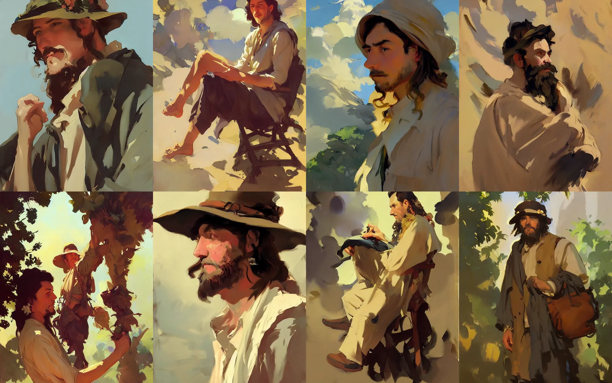 Prompt: portrait of vintage hippie traveler greg manchess painting by sargent and leyendecker, studio ghibli, fantasy, medium shot, asymmetrical, intricate, elegant, matte painting, illustration, hearthstone, by greg rutkowski, by greg tocchini, by james gilleard, by joe fenton