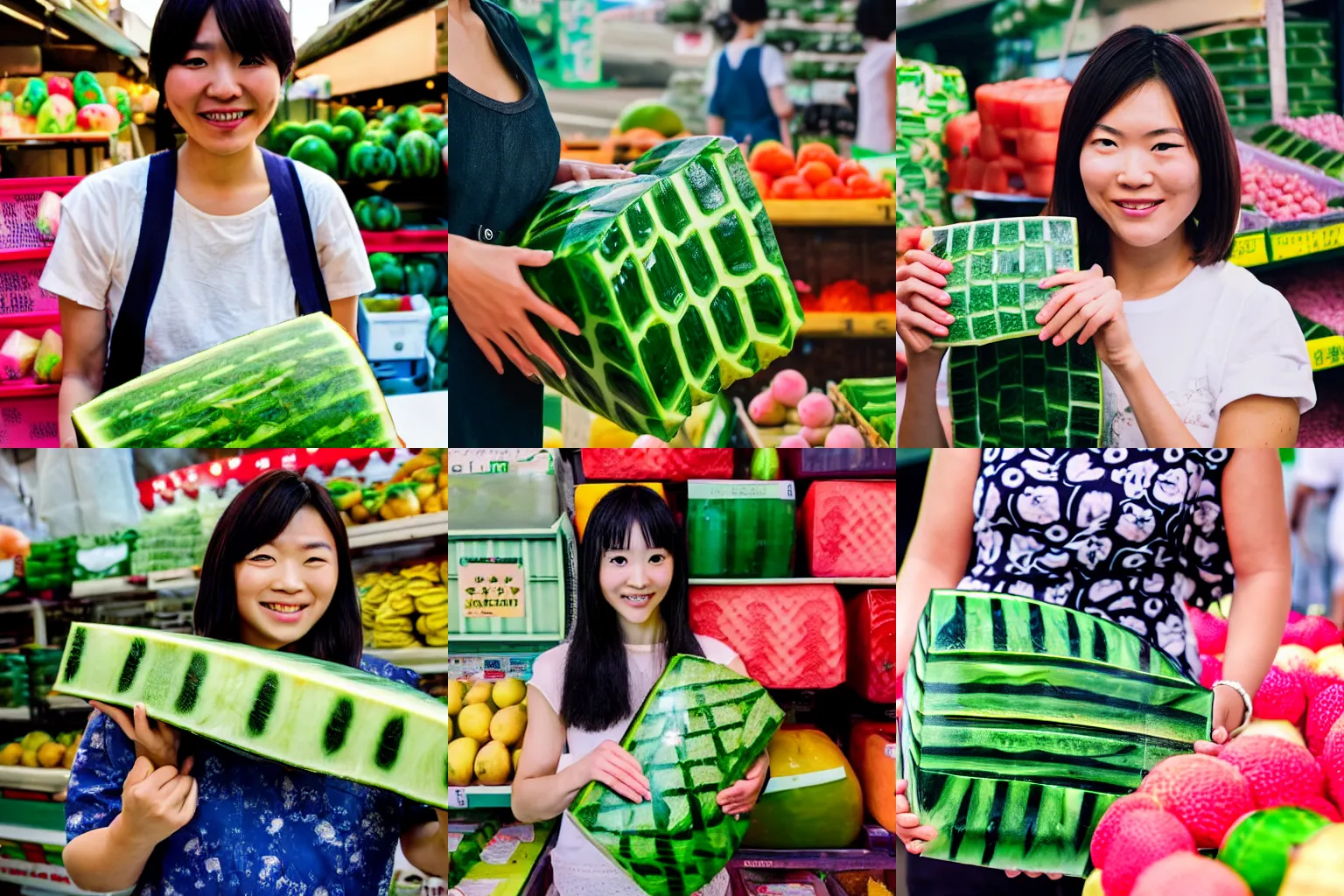 Prompt: closeup of Chie Satonaka holding a square watermelon at a fruit market in Tokyo, 4k, DSLR camera photo