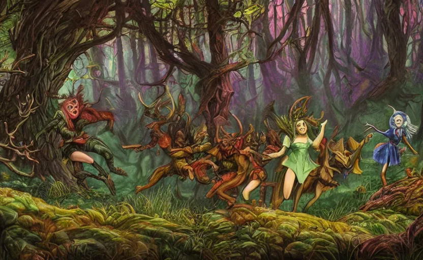 Prompt: a scene of elves running through a clearing in a dark fantasy forest surrounded by darkness and colorful cartoon monsters. hyperrealist illustration. muted colors. 1 9 7 0's pulp science fiction and fantasy cartoon for alice in wonderland and wizard of oz. highly detailed and richly colored painting by don ivan punchatz and basil gogos. trending on artstation