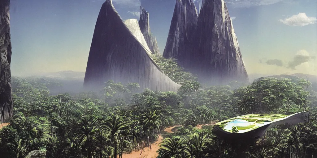 Image similar to a futuristic vertical architecture right in the middle of a huge crater in a tropical forest, ralph maquarrie and syd mead cinematic matte painting, 4 k