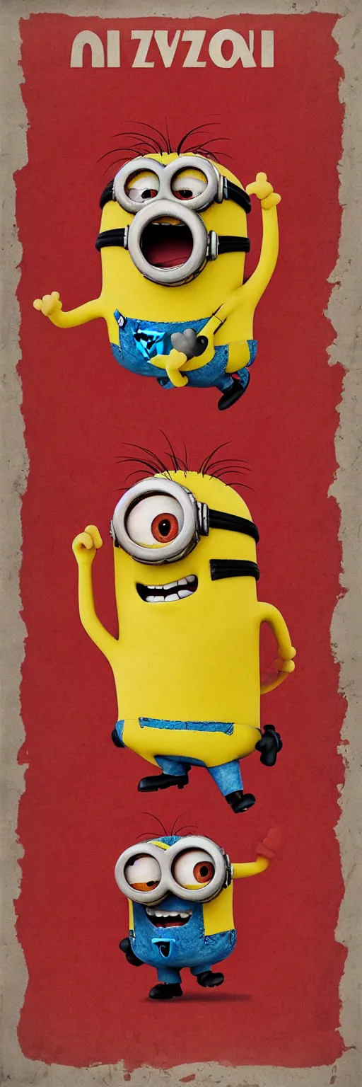 Image similar to Minion on old Soviet poster, high quality, warm colours, red colours