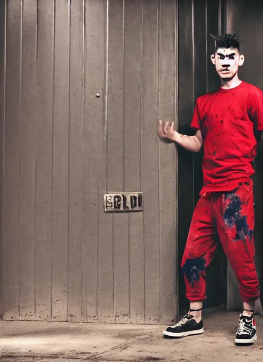 Prompt: a young man of 2 5 years old, with a bruised face and bruises, is standing in a doorway in a boxer's stance, casual clothing style, details, daria kelly, ricky marts, sergio jimenez, david fincher film, manga style, hairstyle red mohawk, cold colors, comics style, 8 k