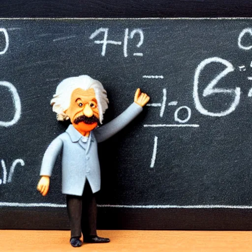 Image similar to claymation miniature scene of albert einstein standing in front of miniature blackboard with lots of mathematical formulas chalked on