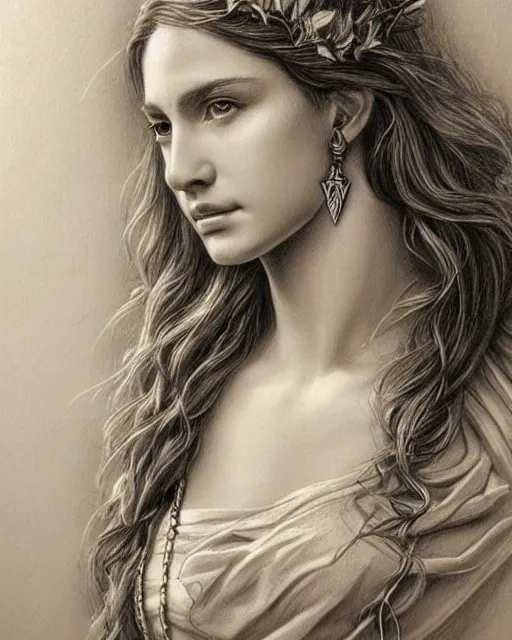 Image similar to pencil drawing of a beautiful greek goddess aphrodite wearing a laurel wreath and arrowhead earrings, beautiful confident eyes, beautiful flowing hair, hyper realistic face, in the style of greg rutkowski, fantasy, amazing detail, epic, elegant, smooth, sharp focus, from the front