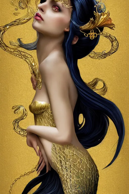 Prompt: a beautiful dark androgynous mermaid, pinup pose, long hair, tall and thin, wearing dozens of pendants and a gown of gold, small delicate crown of the sea on her head, illustration, dramatic lighting, soft details, painting oil on canvas, (art nouveau), octane render, HDR, 4k, 8k, HD, by Brom, Charlie Bowater, faces by otto schmidt