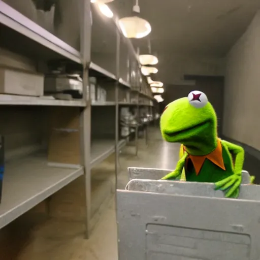 Prompt: kermit in the backrooms, dark and eerie