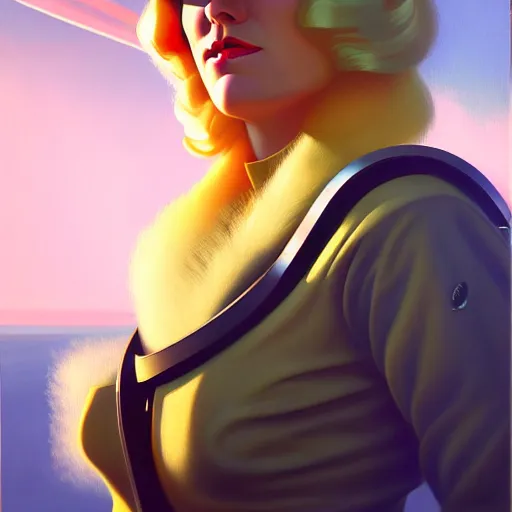 Prompt: a killian eng art deco style sci - fi blonde swedish woman as a pilot, oil on canvas, smooth, sharp focus, vibrant volumetric dark natural light, dark enlightenment, alchemy, nigredo.