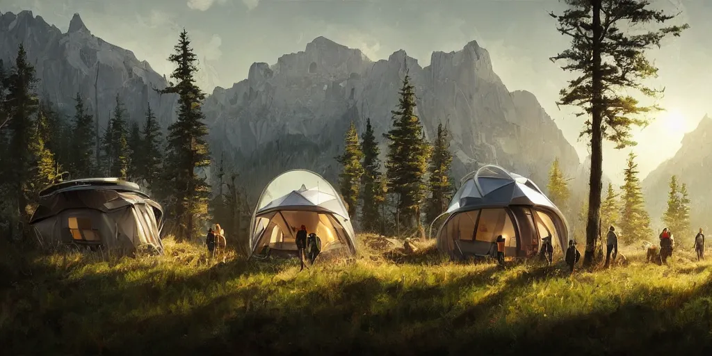 Image similar to cabela's tent futuristic pop up family pod, cabin, modular, person in foreground, mountainous forested wilderness open fields, beautiful views, painterly concept art, joanna gaines, environmental concept art, farmhouse, magnolia, concept art illustration by ross tran, by james gurney, by craig mullins, by greg rutkowski trending on artstation