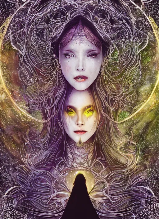 Prompt: glowing silver and golden elements, full close-up portrait, A beautiful dark witch in front of the full big moon, book cover, colorful gems, green forest, red white black colors, establishing shot, extremly high detail, foto realistic, cinematic lighting, pen and ink, intricate line drawings, by Yoshitaka Amano, Ruan Jia, Kentaro Miura, Artgerm, post processed, concept art, artstation, matte painting, style by eddie, raphael lacoste, alex ross