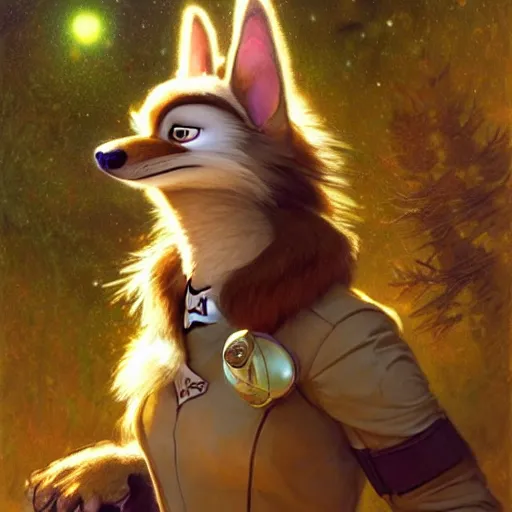 Image similar to a female bird wolf canine in starfleet uniform at night in a dark forest. zootopia fursona furaffinity furry art detailed face painting by gaston bussiere craig mullins jc leyendecker gustav klimt artgerm greg rutkowski furry