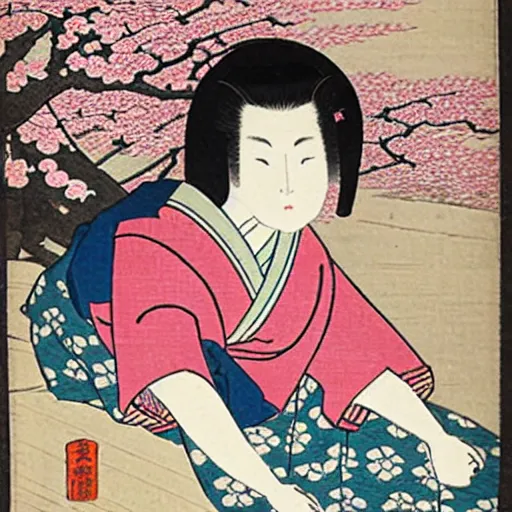 Image similar to japanese edo period woodblock print of a girl laying underneath pink blossoming cherry trees in the background