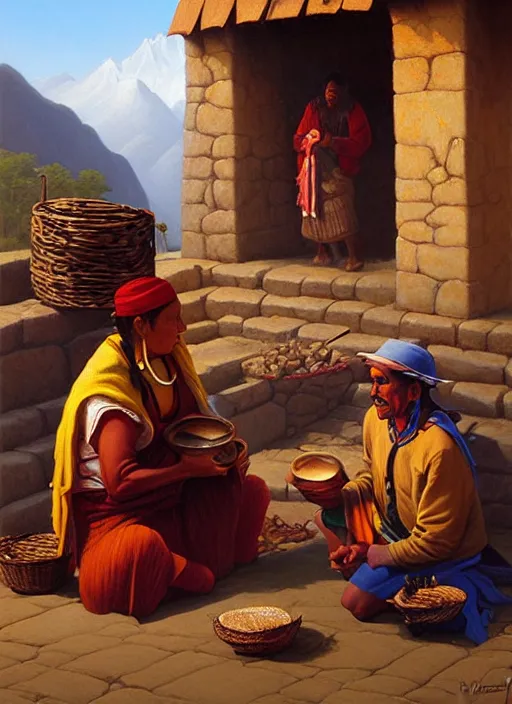 Image similar to a beautiful painting of an incan woman exchanging food and fabrics with an incan man, art by christophe vacher