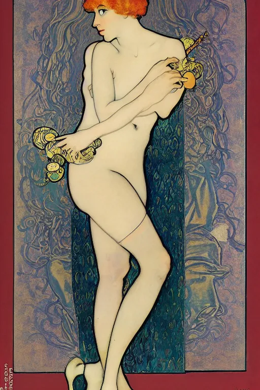 Prompt: portrait en buste of flapper girl of the roaring 20s by Aubrey Beardsley, by Alphonse Mucha by Gustav Klimt, by Maxfield Parrish, by Gerda Wegener, by Henri de Toulouse-Lautrec, bold moody colors, flamboyant clothes, roaring twenties
