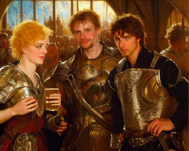 Prompt: attractive arthur pendragon and attractive lancelot go to a pub together to have some drinks. highly detailed painting by gaston bussiere, craig mullins, j. c. leyendecker 8 k