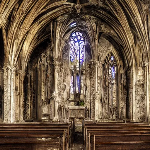 Image similar to abandoned and eroding church with a skeleton in the pews, gothic art, color, detailed