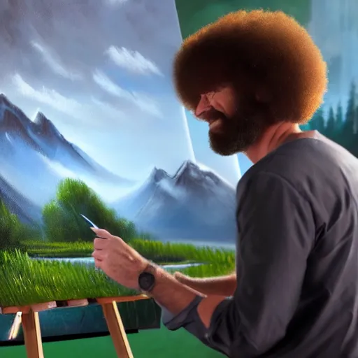 Image similar to a closeup photorealistic photograph of bob ross working on a canvas painting of spiderman. film still. brightly lit scene. mountains and trees. this 4 k hd image is trending on artstation, featured on behance, well - rendered, extra crisp, features intricate detail, epic composition and the style of unreal engine.