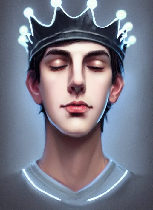 Image similar to portrait of teenage jughead jones wearing a light grey crown, photorealistic, crown, eyes closed, crown, black hair, intricate, elegant, glowing lights, highly detailed, digital painting, artstation, concept art, smooth, sharp focus, illustration, art by wlop, mars ravelo and greg rutkowski