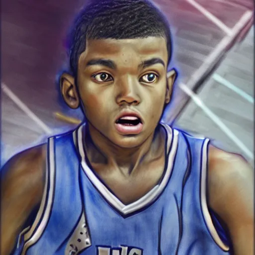 Image similar to Colored pencil portrait of a boy at a basketball court playing basketball wearing a basketball uniform in a basketball court, intense emotion, detailed facial expression, detailed surroundings, intricate, elegant, highly detailed, centered, trending of artstation, concept art, smooth, sharp focus, illustration