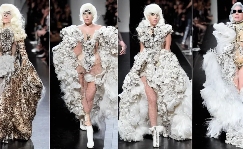 Prompt: lady gaga walking the runway in an alexander mcqueen archive collection at paris fashion week