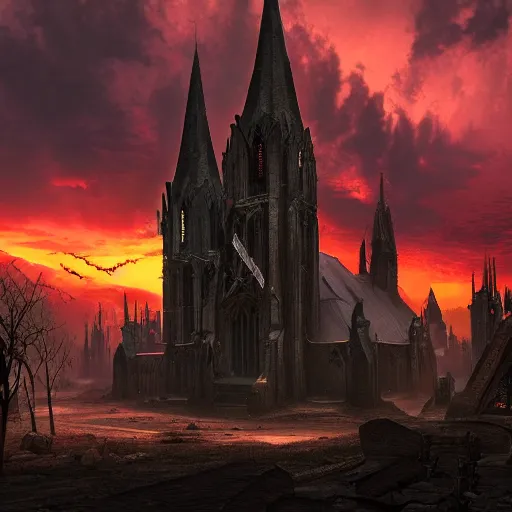 Image similar to powerful epic invasion, gothic church un the middle of the scene, sunset orange clouds, trending artstation