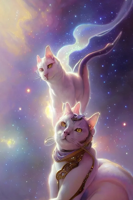 Image similar to Full view realistic ethereal stunning Celestial Cat of cosmic nebula with Pixar fur, 4k digital painting masterpiece by Mandy Jurgens and Ruan Jia, ornate Iconography background in the style of Alphonse Mucha, tarot card, amazing, magnificent, mystical, Hyperdetailed, award winning art, Ross Tran, wlop, Artgerm, Craig Mullins, detailed and realistic, soft lighting, intricate details, realistic, full view, Artstation, CGsociety