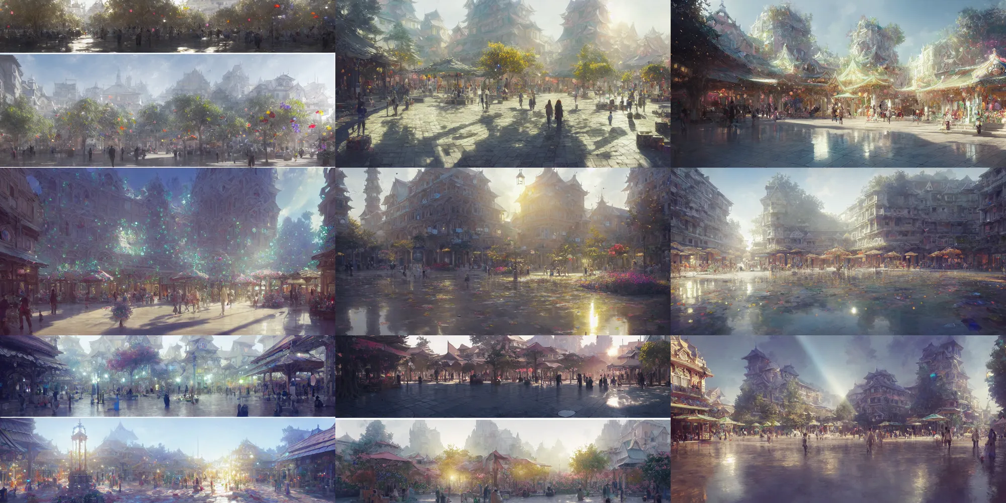 Prompt: detailed illustrations of a town square made of gemstones and pearl and crystal, refractive and reflective, god rays, bloom, by ruan jia, by conrad roset, by yoshitaka amano, cgsociety, artstation.