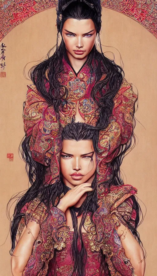 Prompt: adriana lima, traditional chinese clothing, fame of thrones, fibonacci, sweat drops, intricate fashion clothing, insane, intricate, highly detailed, surrealistic, digital painting, artstation, concept art, smooth, sharp focus, illustration, unreal engine 5, 8 k, art by artgerm and greg rutkowski and alphonse mucha