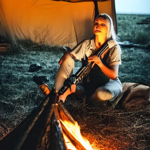 Prompt: silver hair girl with ponytail, resting on campfire with her rifle, at night, cinematic photography