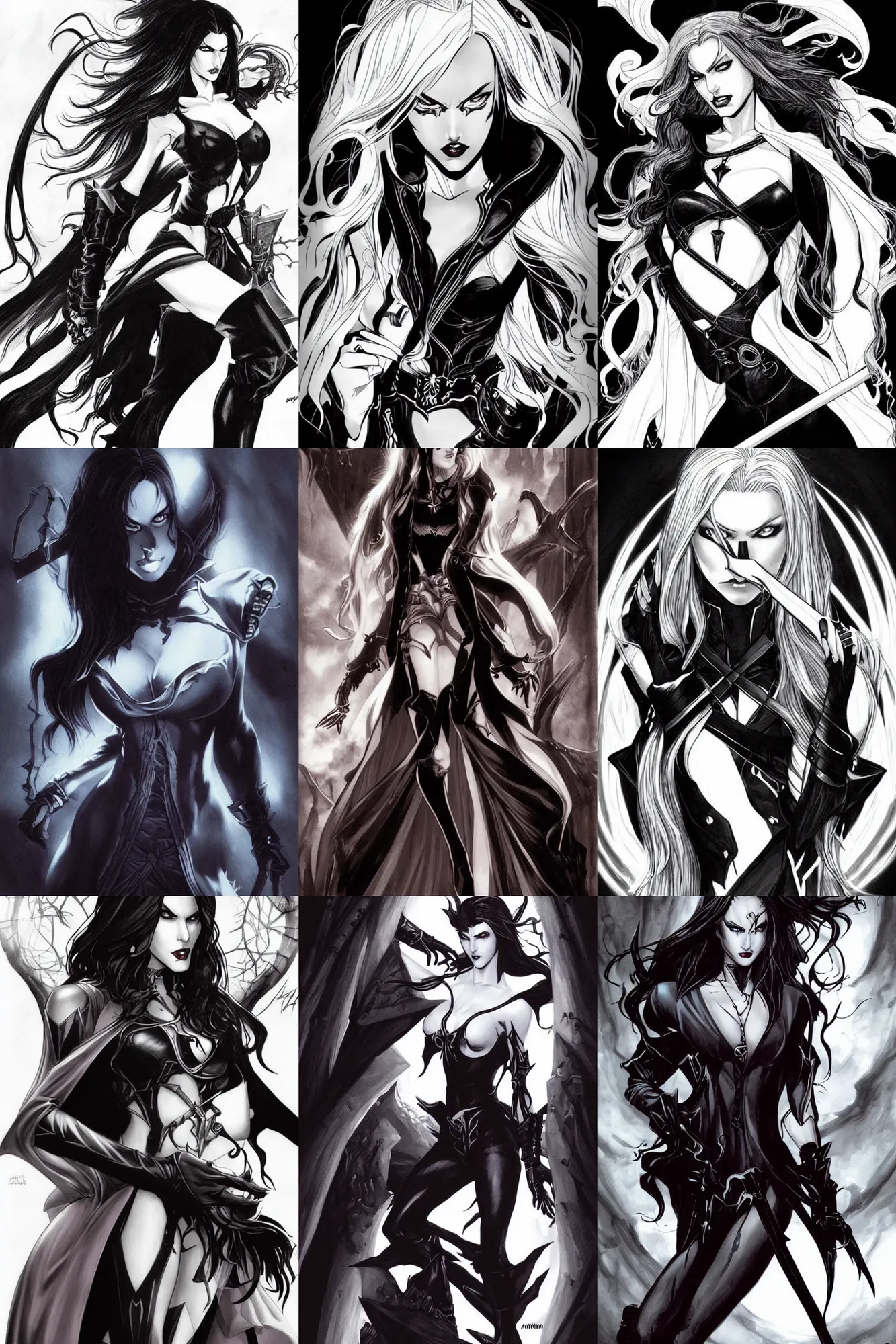 Prompt: Castlevania female vampire drawn by Adam Hughes and Artgerm, gothic, horror, atmospheric, sketch, monochrome