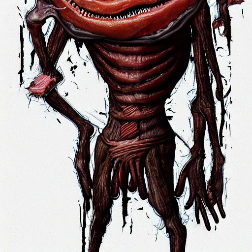 Prompt: anthropomorphic piece of bacon dressed as a doctor, horror, gritty, H. R. Giger, artstation