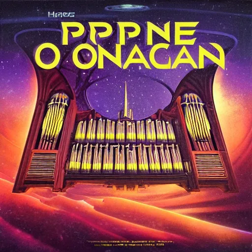 Prompt: pipe organ space opera album cover, style of john harris, david hardy, michael okuda, vincent di fate, rongier, dramatic lighting, detailed, gothic, ornate, symmetrical, kafka