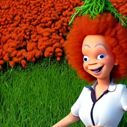 Image similar to carrot top with photorealistic carrot head!!!!, pixar character, stage background, pixar, 3 d,