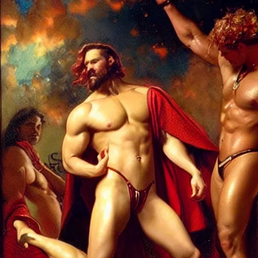 Image similar to muscular zeus wears leather at a dance club and falls in love with the handsome god jupiter, painting by gaston bussiere, craig mullins, j. c. leyendecker, tom of finland