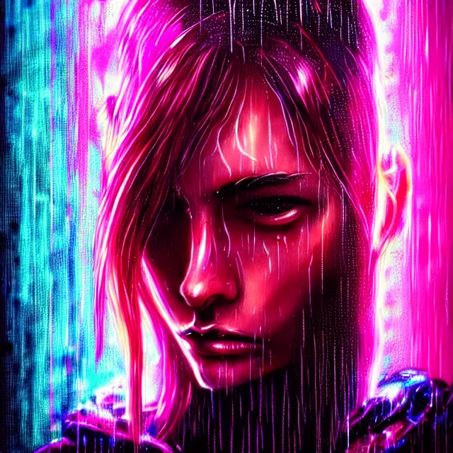 Image similar to bright aesthetic portrait LSD glowing backlit rain on face and wet hair, cyberpunk, overhead lighting, fantasy, intricate, elegant, dramatic lighting, highly detailed, lifelike, photorealistic, digital painting, artstation, illustration, concept art, smooth, sharp focus, art by John Collier and Albert Aublet and Krenz Cushart and Artem Demura and Alphonse Mucha