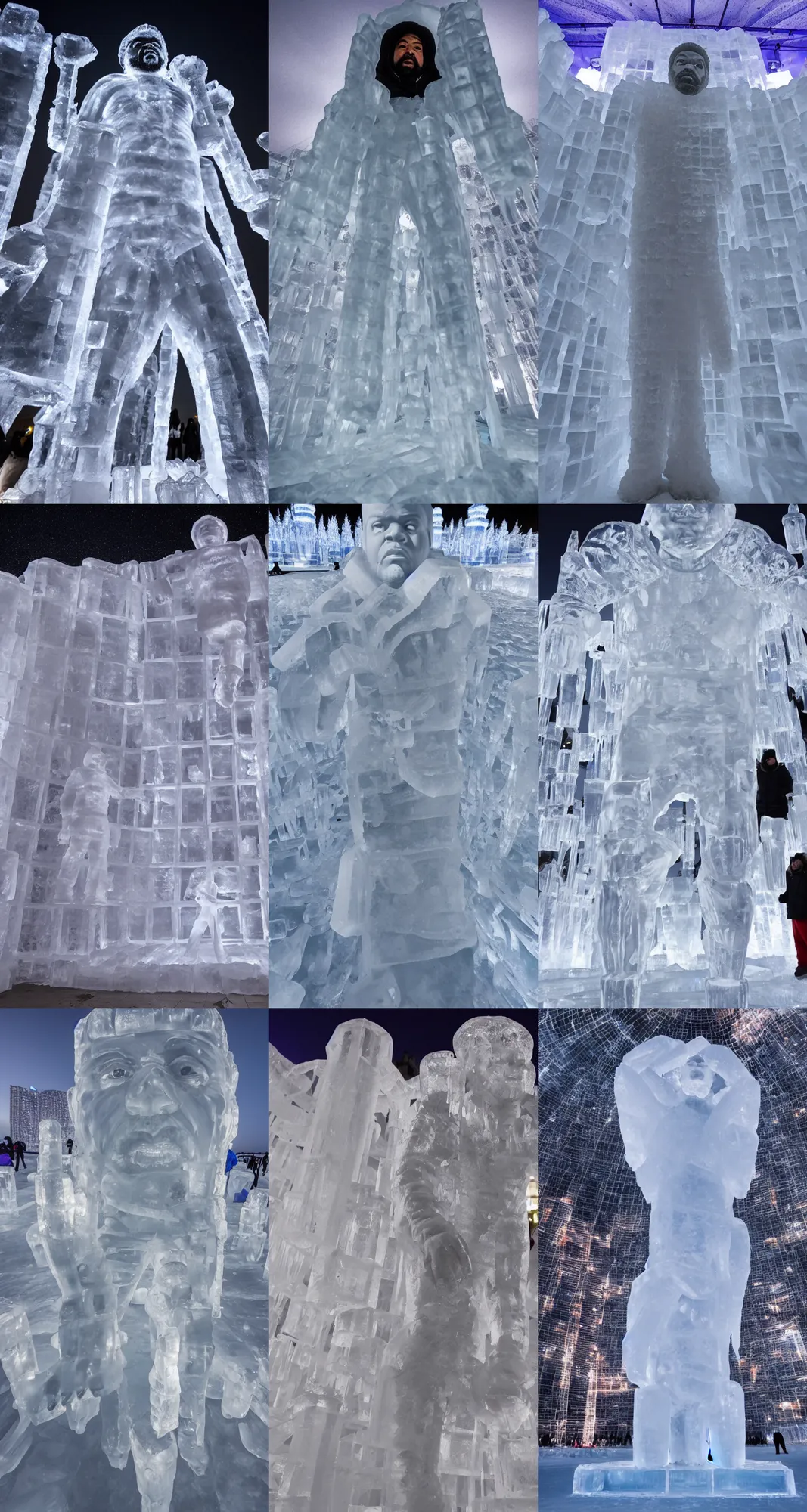 Prompt: dramatic photo, full body statue of rapper'ice cube'carved out of ice at harbin ice festival, full body, wide angle photo, award winning, night sky