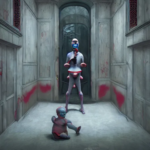 Prompt: a clown holding a baby inside an abandoned hospital, wayne barlowe, symmetrical, surreal, magic surrealism, very coherent symmetrical artwork, cinematic, hyper realism, high detail, octane render, 8 k