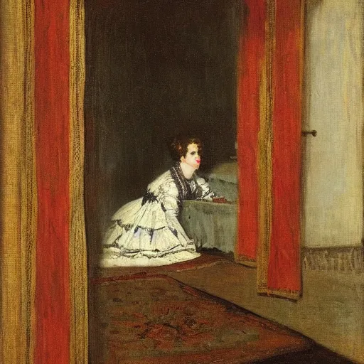 Prompt: a theatre actress waiting behind the curtain on stage, by alfred stevens