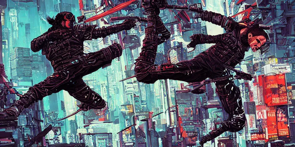 Image similar to Cyberpunk ninja roundhouse kick. Epic painting by James Gurney and Laurie Greasley.