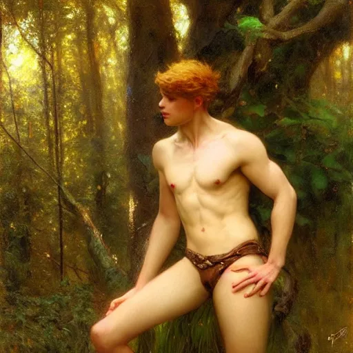 Prompt: attractive male fairy in the forest posing. highly detailed painting by gaston bussiere, craig mullins, j. c. leyendecker, 8 k