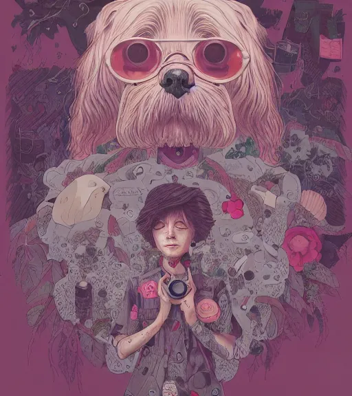 Image similar to portrait, nightmare anomalies, leaves with a dog by miyazaki, violet and pink and white palette, illustration, kenneth blom, mental alchemy, james jean, pablo amaringo, naudline pierre, contemporary art, hyper detailed