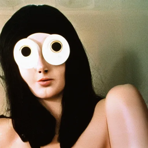 Prompt: glamorous woman with a bulbous spherical prosthetic nose, circular cardboard eyes, 1 9 7 2, color, fassbinder, medium - shot 1 6 mm film, interior