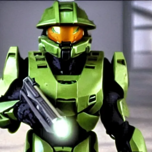 Prompt: still of master chief from halo in back to the future cinematic wide shot